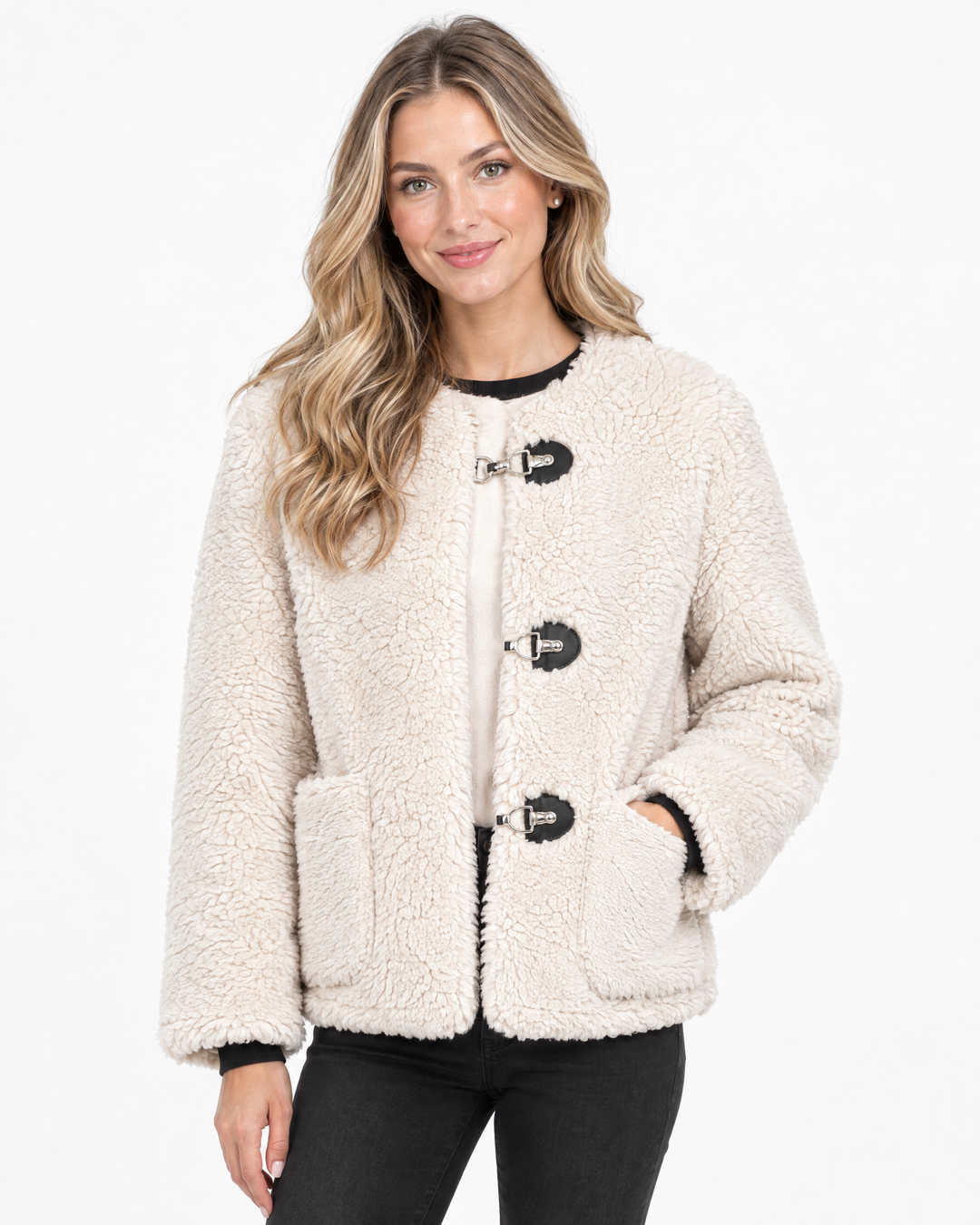 Aurev London Daniella Vintage Shearling Toggle Jacket - Buttercream - model hero shot v2