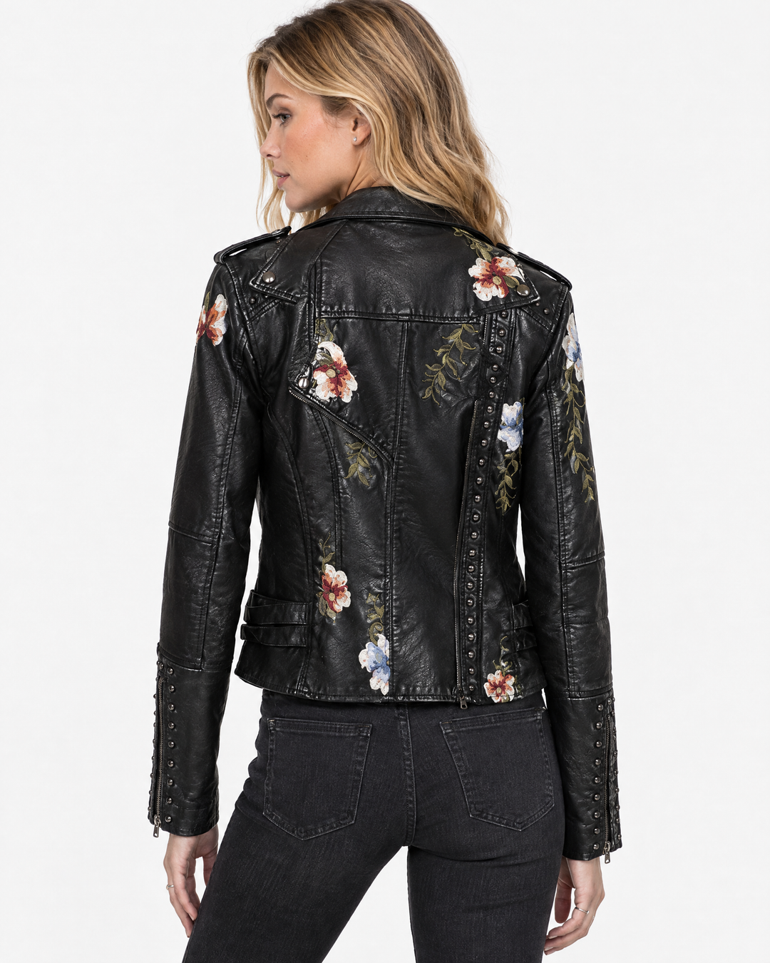Seraphina Sharp Floral Embroidered Biker Jacket with Studs – Black – back view