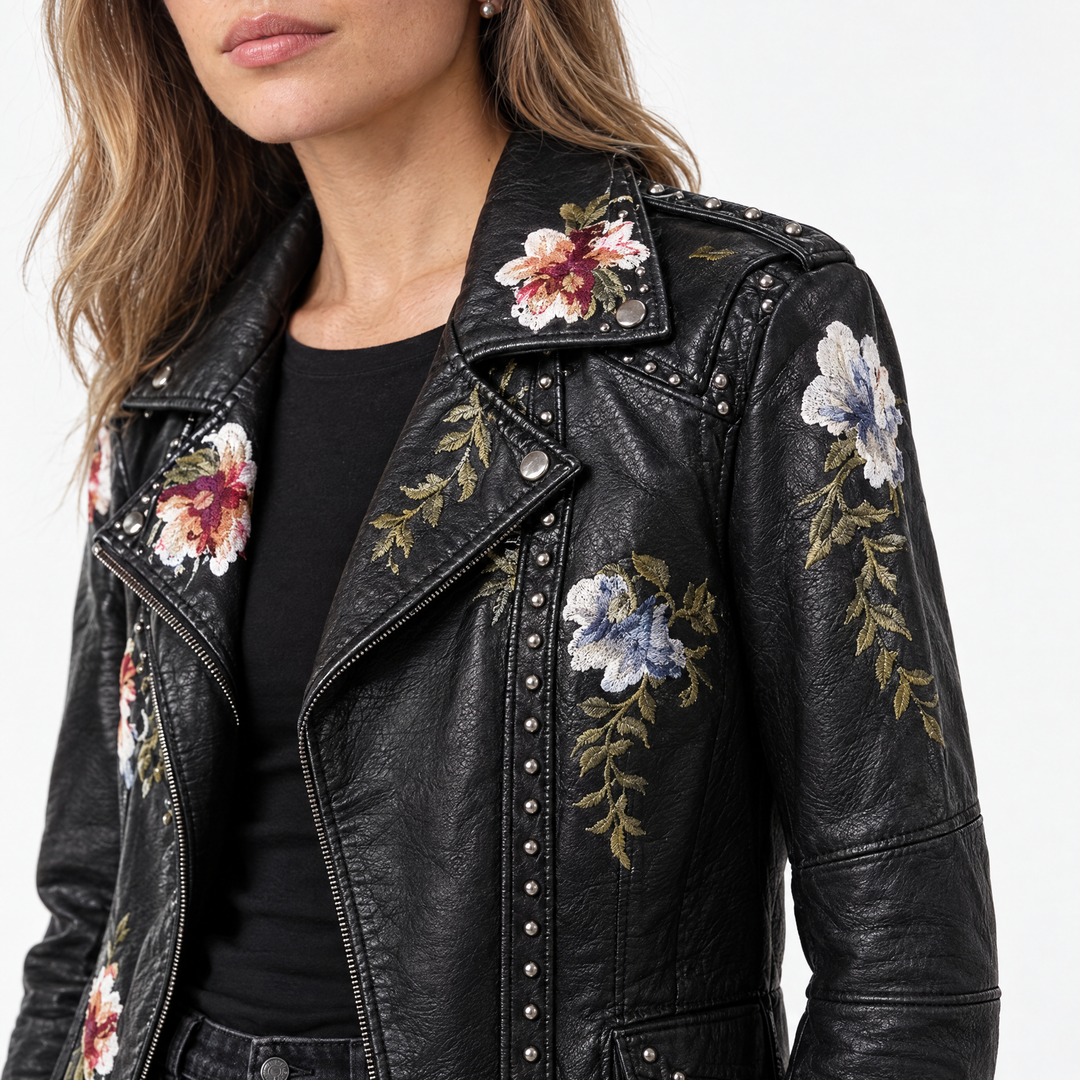 Seraphina Sharp Floral Embroidered Biker Jacket with Studs – Black – feature detail