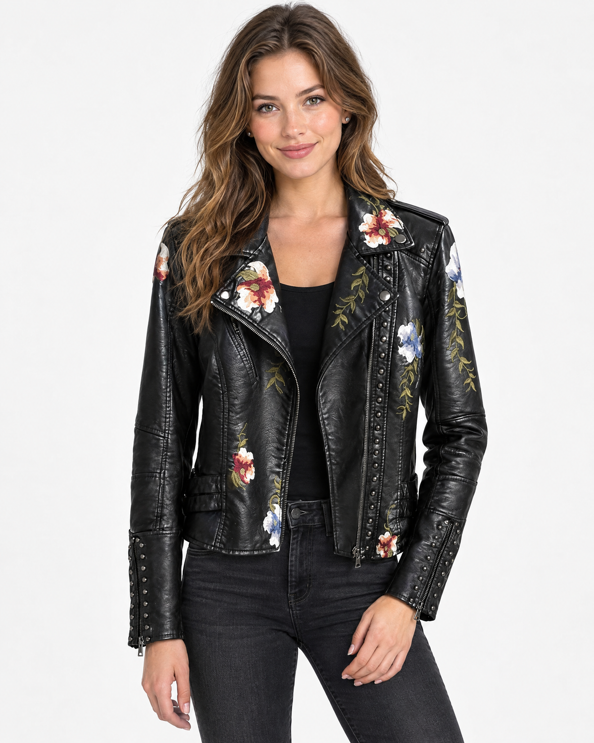 Seraphina | Sharp Embroidered Studded Leather Biker Jacket