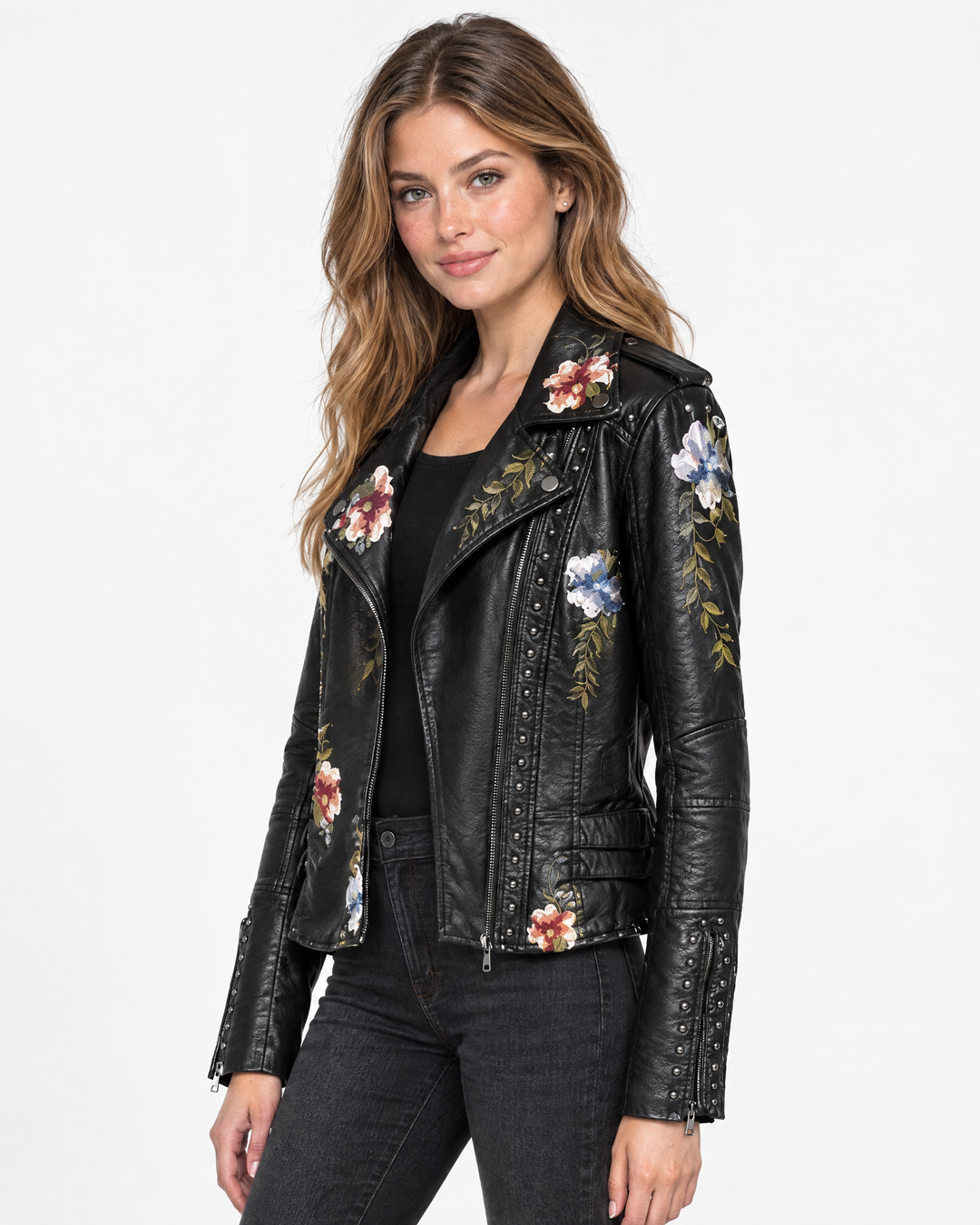 Seraphina Sharp Floral Embroidered Biker Jacket with Studs – Black – angle