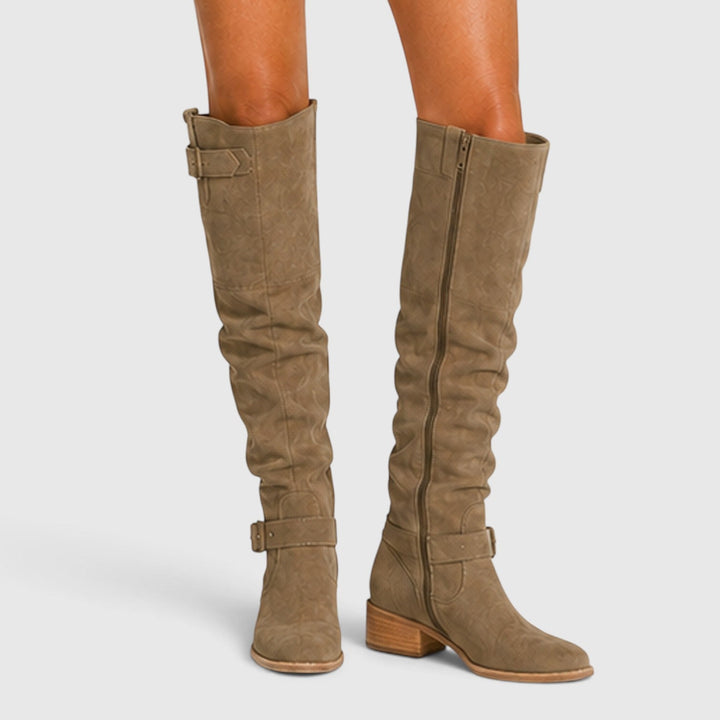 Petra | Elegant Suede Knee High Block Heel Boots