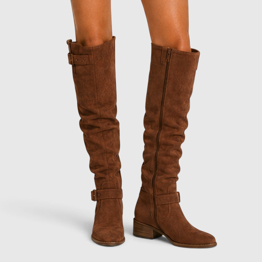 Petra | Elegant Suede Knee High Block Heel Boots