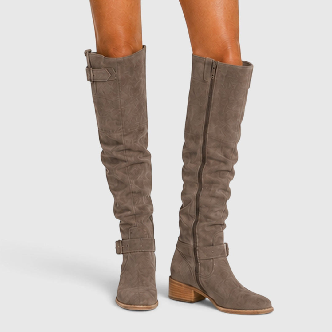 Petra | Elegant Suede Knee High Block Heel Boots