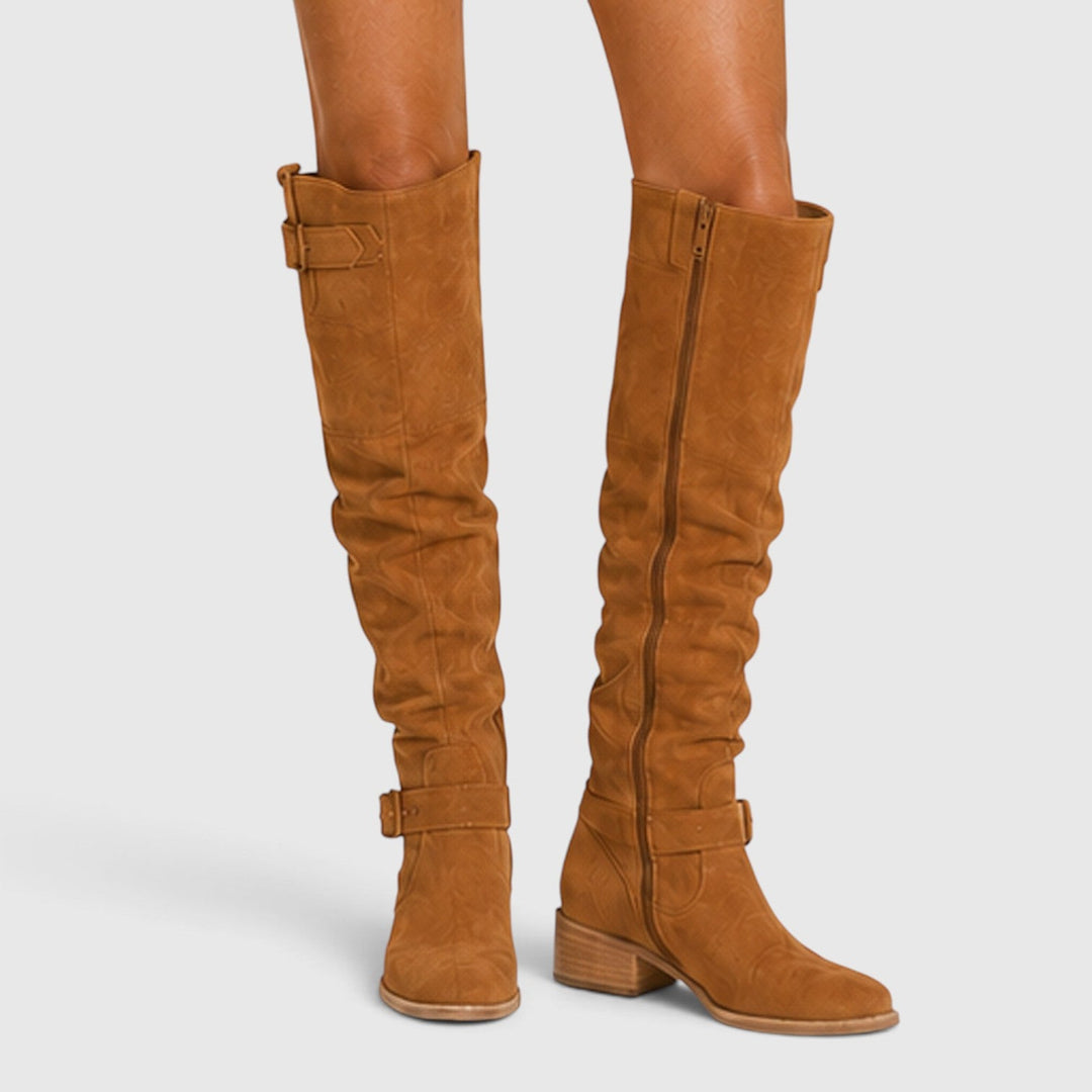 Petra | Elegant Suede Knee High Block Heel Boots