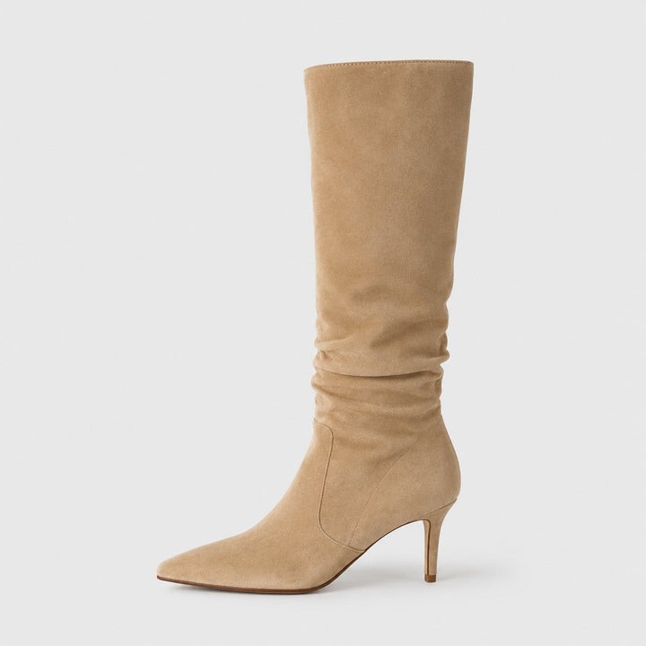 Quintessa | Polished Suede Knee High Stiletto Boots