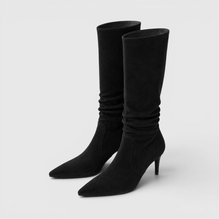 Quintessa | Polished Suede Knee High Stiletto Boots