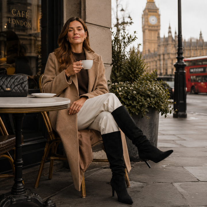 Quintessa | Polished Suede Knee High Stiletto Boots