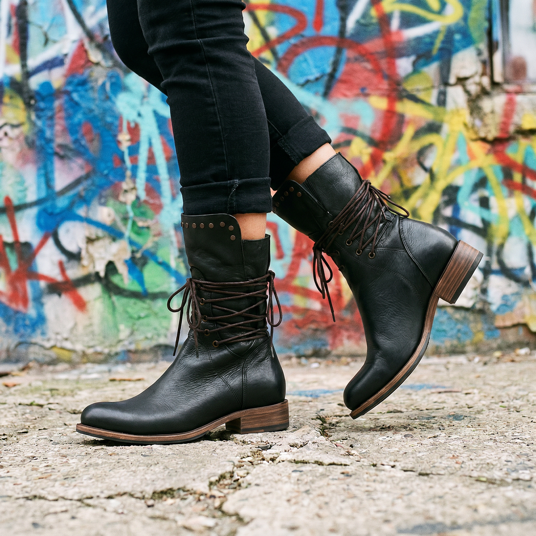 Theodora | Edgy Studded Leather Lace-Up Boots Women