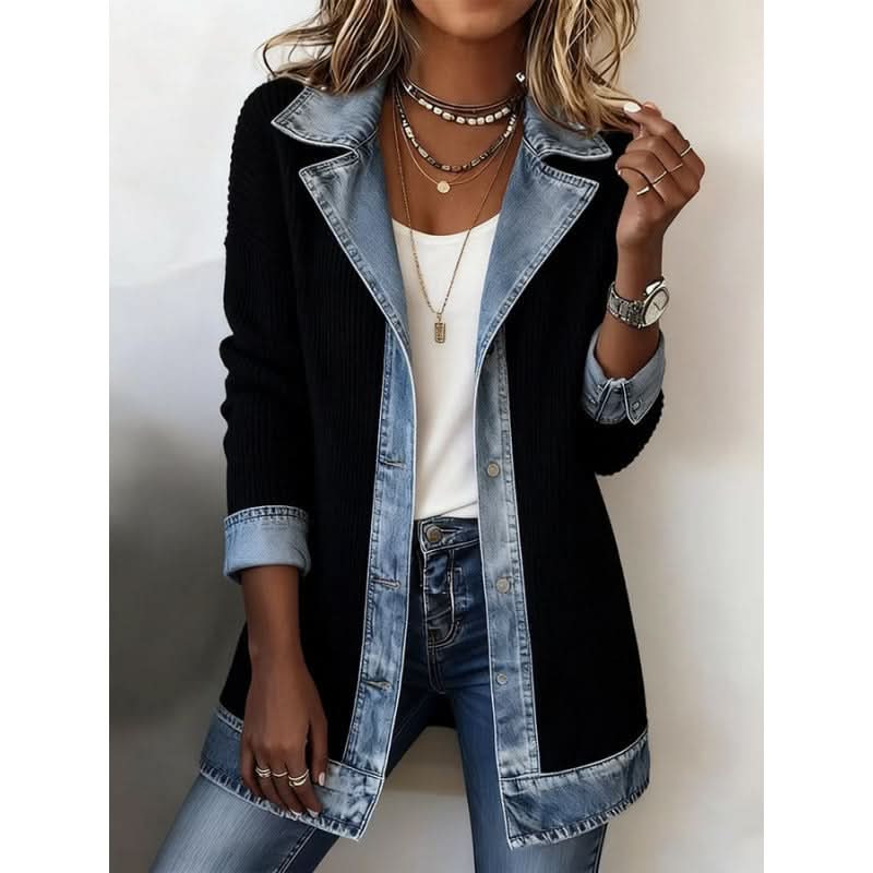 Josephine | Relaxed Longline Jacket with Denim Trim Detail