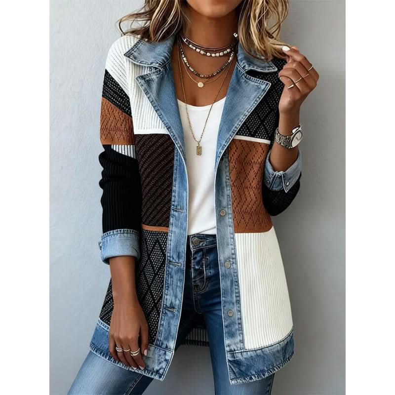 Josephine | Relaxed Longline Jacket with Denim Trim Detail