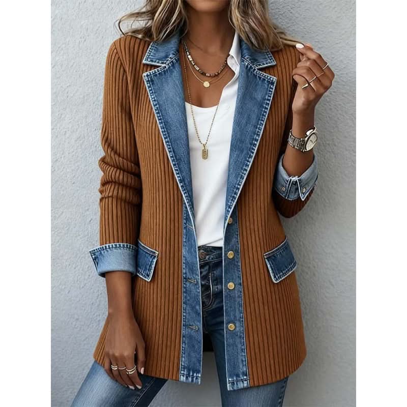 Josephine | Relaxed Longline Jacket with Denim Trim Detail