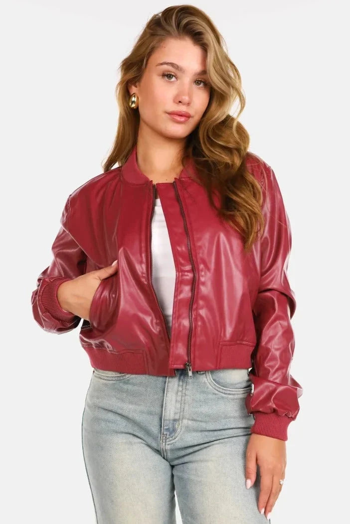 Beatrix | Sleek Ribbed-Cuff Leather Bomber Jacket