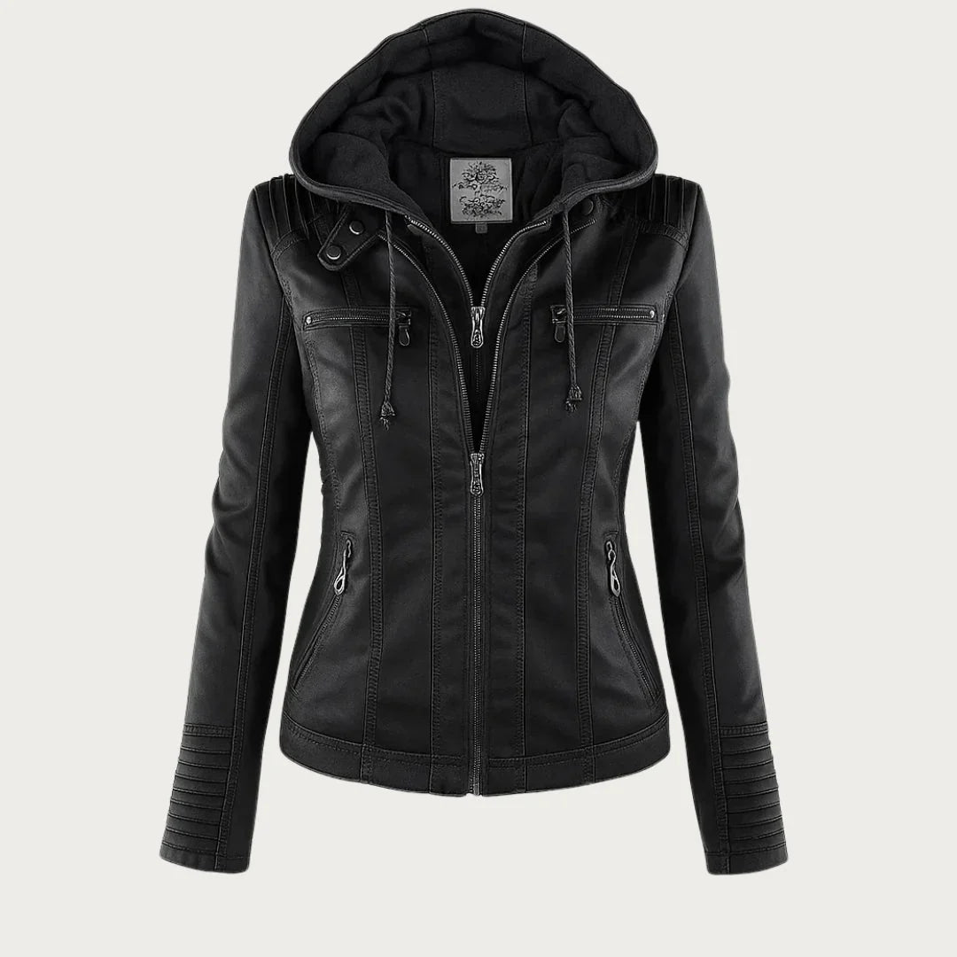 Beatrix | Sleek Hooded Faux Leather Moto Jacket for Women