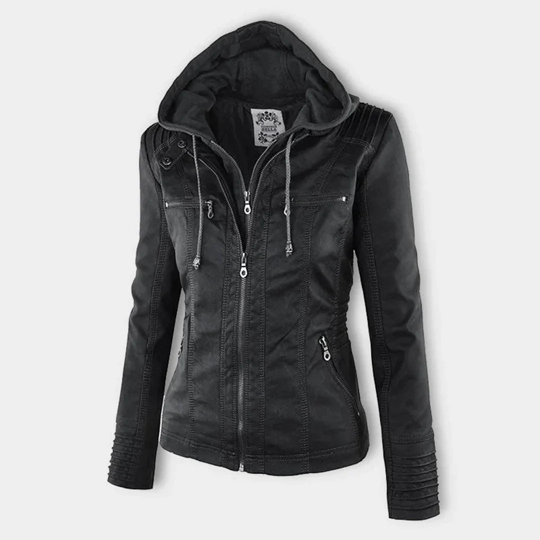 Beatrix | Sleek Hooded Faux Leather Moto Jacket for Women