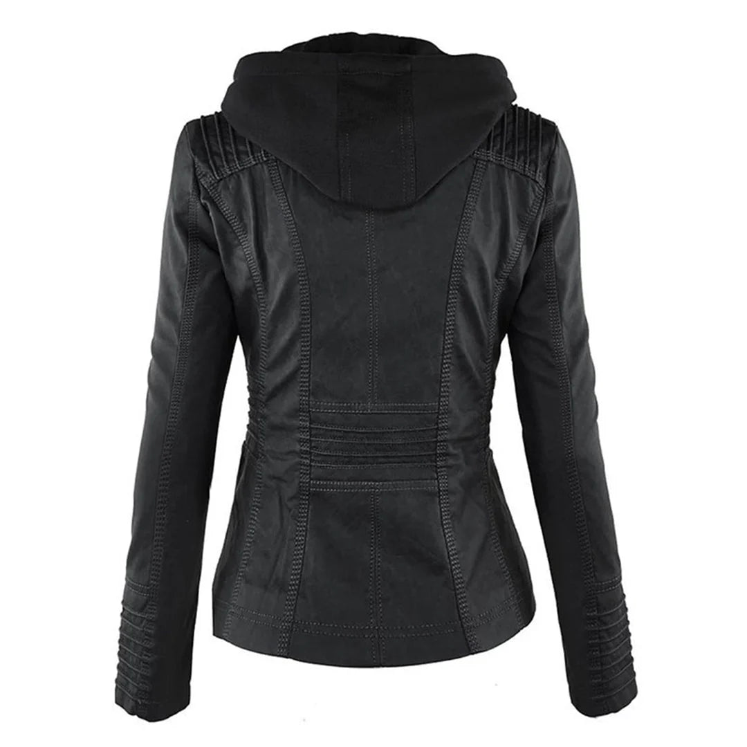 Beatrix | Sleek Hooded Faux Leather Moto Jacket for Women