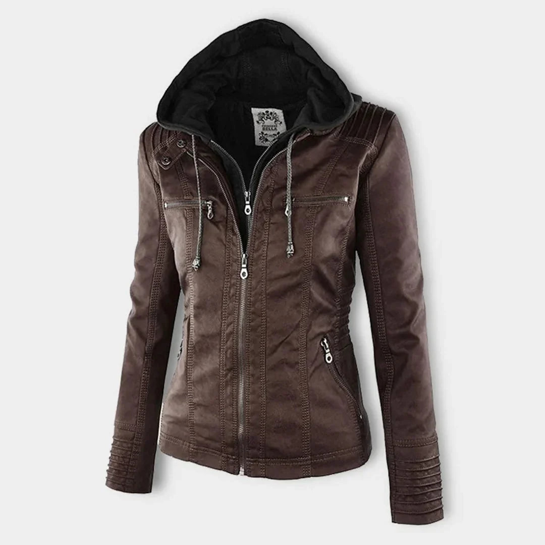 Beatrix | Sleek Hooded Faux Leather Moto Jacket for Women