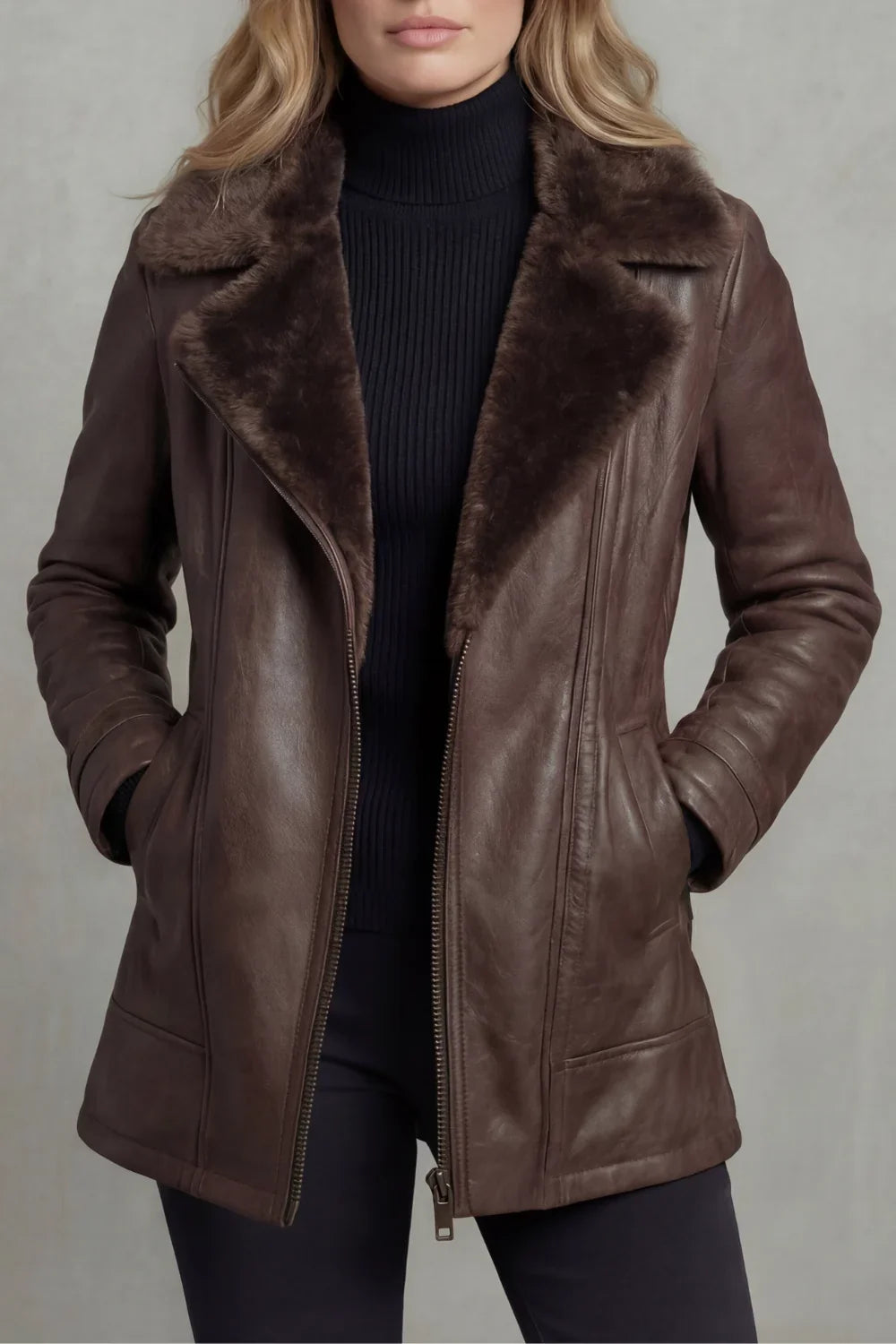 Beatrix | Sophisticated Leather Jacket with Shearling Collar