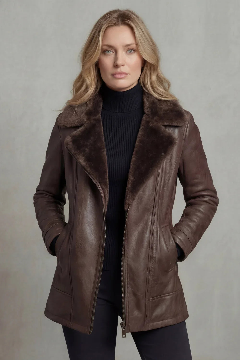 Beatrix | Sophisticated Leather Jacket with Shearling Collar