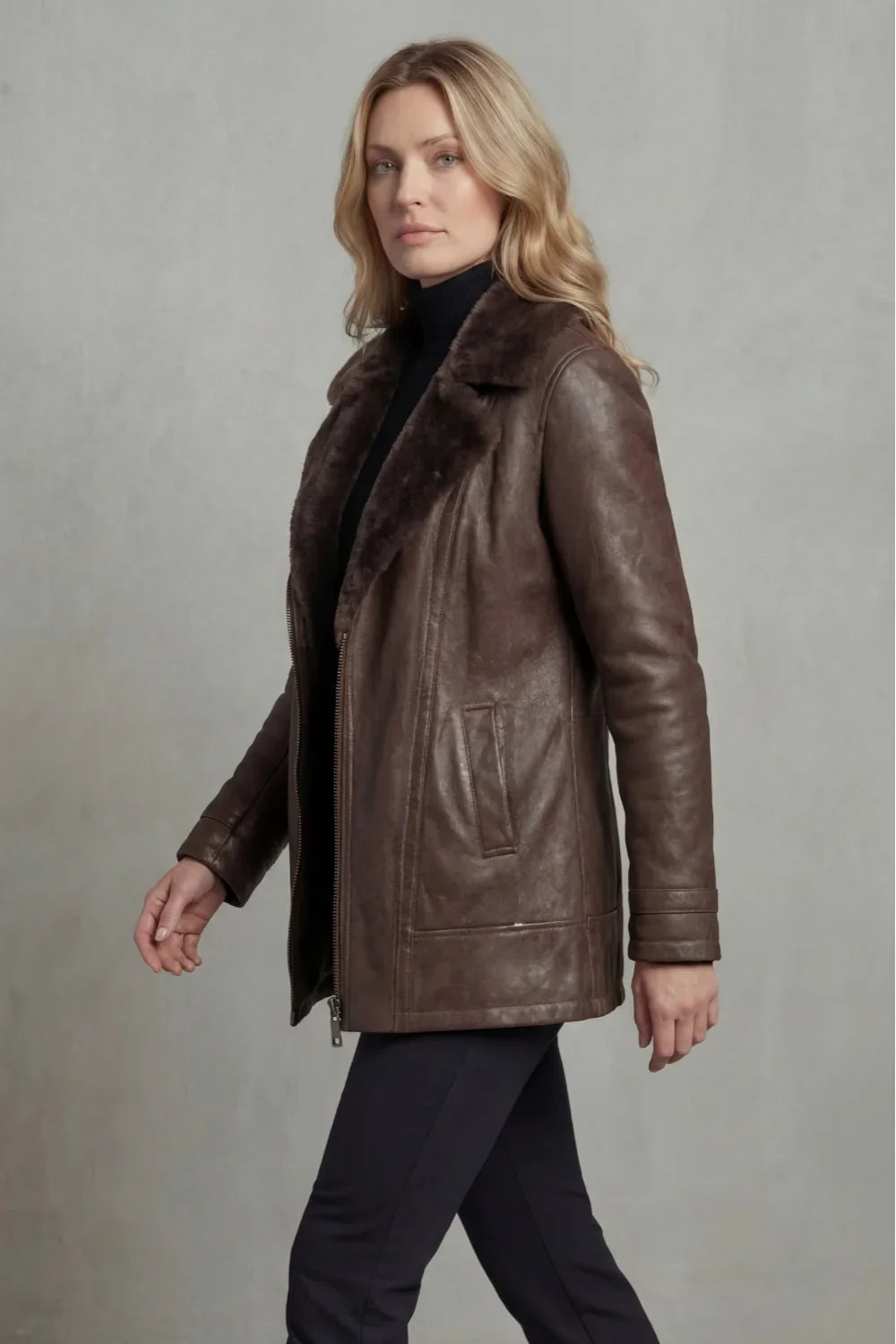 Beatrix | Sophisticated Leather Jacket with Shearling Collar