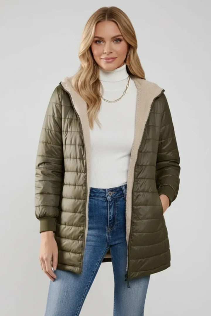 Calla | Warm Hooded Longline Quilted Jacket for Women