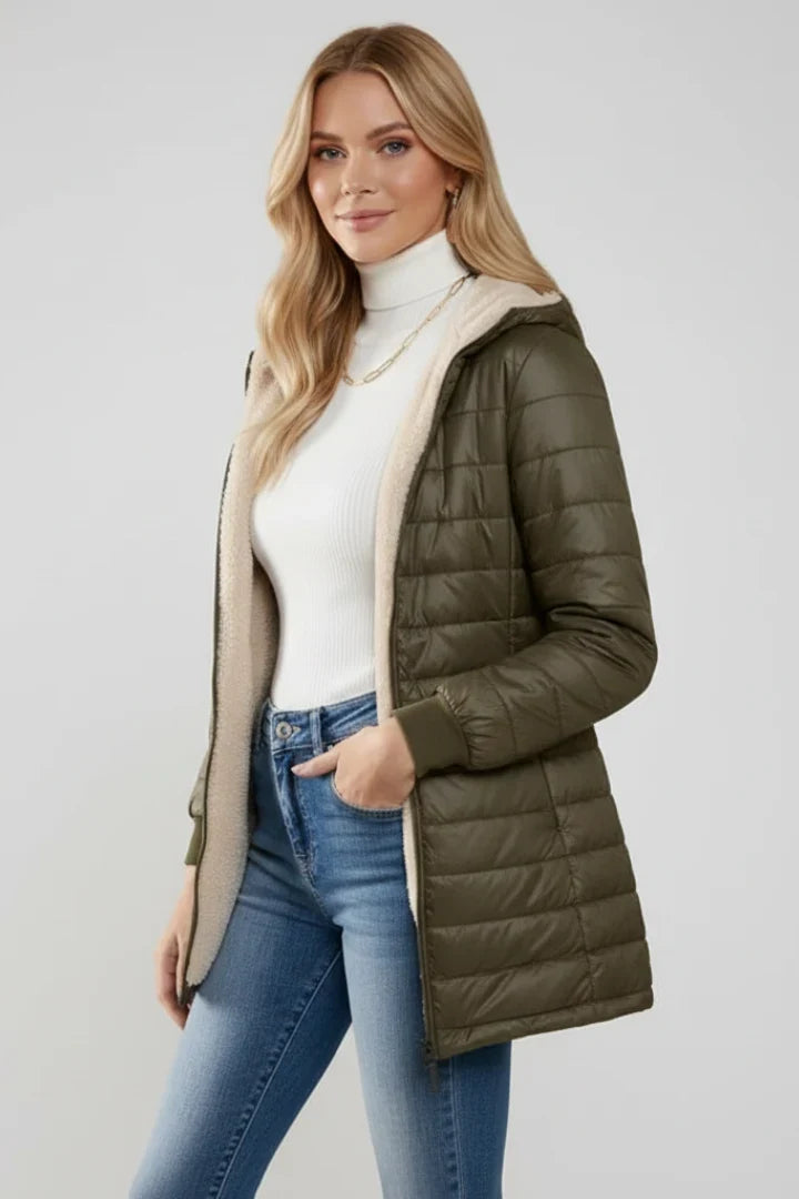 Calla | Warm Hooded Longline Quilted Jacket for Women