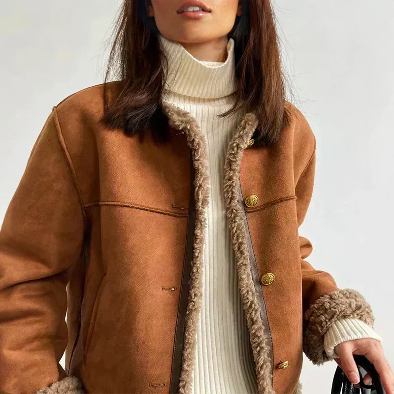 Aurelia | Cosy Shearling Suede Jacket with Faux Fur Trim